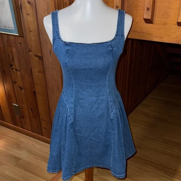 Cider Size Medium M Denim Square-Neck Mini Dress stretch - Picture 2 of 13